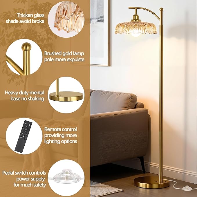 Gold Floor Lamp for Living Room, Dimmable Mid Century Modern Standing Lamp with Remote Control and Amber Glass Shade, 68" Tall Lamp for Bedroom, Vintage Retro Antique Glass Flower Lamp, Brushed Gold