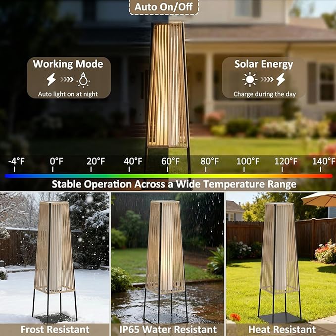 Outdoor Floor Lamp Set of 2, Rattan Solar Lanterns Outdoor Waterproof for Balcony, Deck, Garden & Patio (Natural)