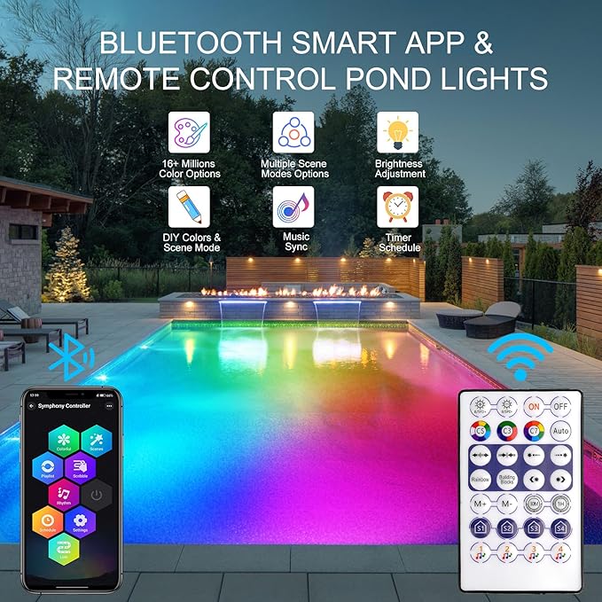 RGB Underwater Pond Lights,Super Bright 18 LED Submersible Fountain Lights, Bluetooth APP Control IP68 Waterproof Color Changing Spotlights for Fish Aquarium Tank Yard Garden Pool(Set of 12)