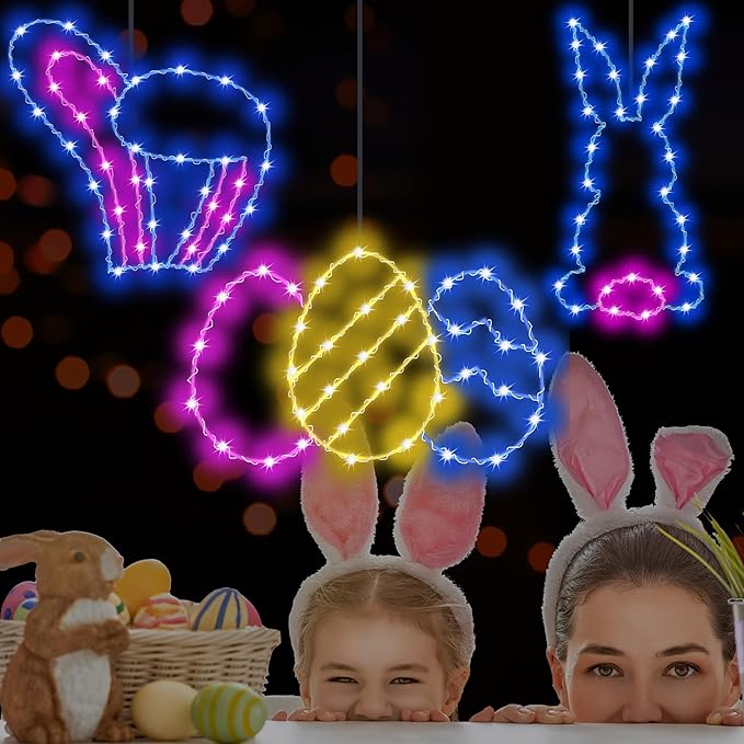 3 Packs Easter Decoration Lights, Hanging Easter Light Battery Operated with Timer & Remote, 62 LED Easter Bunny & Eggs Waterproof Window Lights - Indoor/Outdoor Decor
