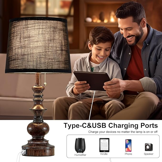 22'' Bedside Lamps for Bedroom Set of 2 Rustic Farmhouse Nightstand Lamps with USB A+C Charging Ports Traditional Table Lamps for Living Room Office, Wooden Finish, Black, Bulbs Not Include