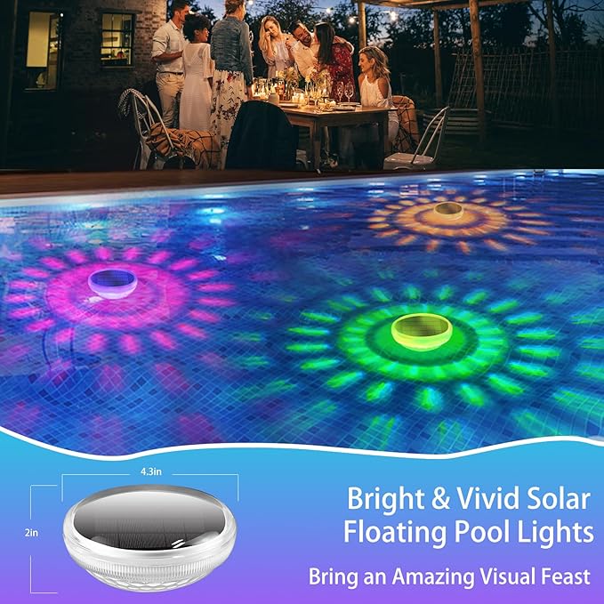 Solar Floating Pool Lights, 9 Fixed Colors ＆ 3 Dynamic RGB Color Changing, IP68 Waterproof LED Solar Pool Lights with Remote Control for Pool Fountain Garden Ponds Decor (2 Pack)
