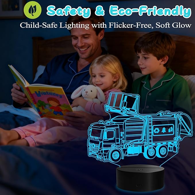 Garbage Truck Night Light, Garbage Truck Gifts, 3D Illusion Lamp with Remote Control, 16 RGB Colors, 4 Flashing Modes, Timer, Dimmable, Trash Truck Gifts Room Decoration for Holiday Birthday Christmas