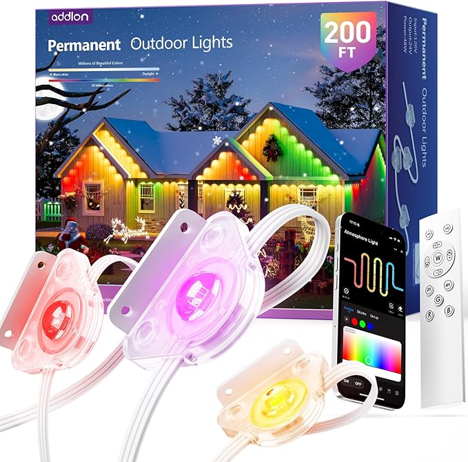 addlon 200FT Permanent Outdoor Lights, RGB+IC Smart LED Outdoor Lights for House, App & Remote Control, DIY Scene Mode, IP67 Waterproof Christmas Light, Holiday, Party, Halloween Decorations