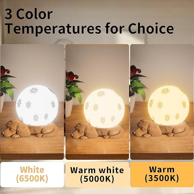 Cute Dog Lamp, Touch Control Battery Operated Bedside Lamp for Bedroom, Adjustable 3 Color Temperatures Rotatable Table Lamps for Nightstand, Nursery