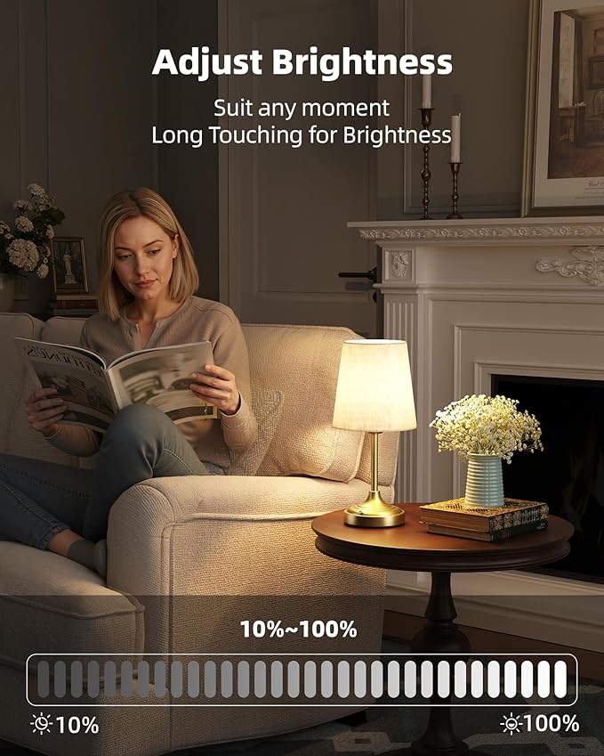 Cordless Table Lamp, 8000mAh, Ambient Light, Dimmable, Touch Control, 2700K, Small, Portable, LED, Wireless, Rechargeable, Cordless, Desk Lamp, Kitchen Lamp, Fabric Shade, for Dining Room, Bedroom