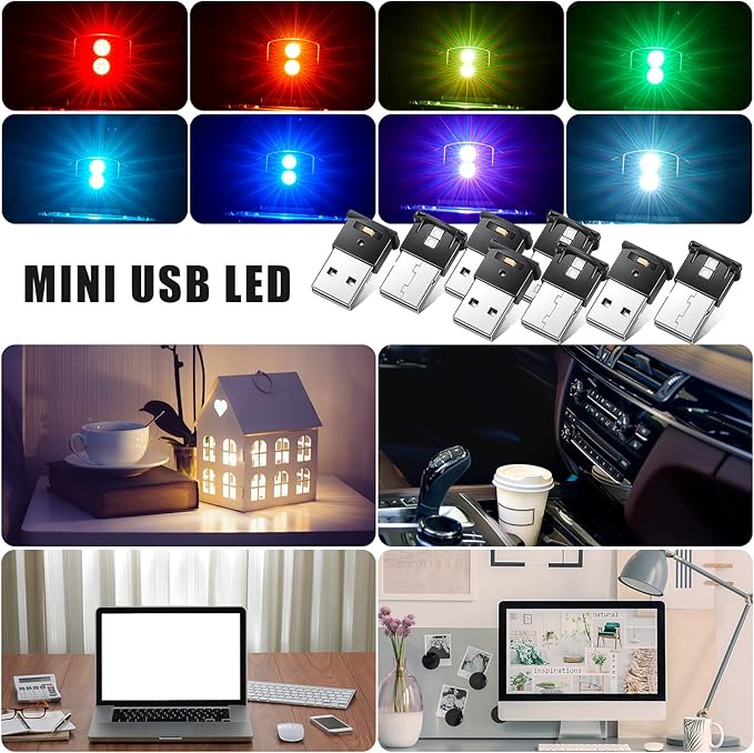 Frienda 8 Pieces Mini USB LED Light, Car LED Interior Lighting 5v Smart USB Atmosphere Light, Laptop Keyboard Office Decoration Night Lamp, Adjustable Brightness, 8 Colors