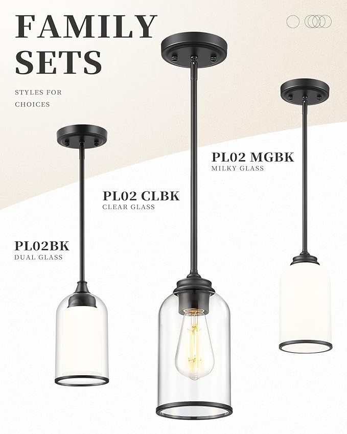 LIROUVET 2 Pack Pendant Lights Kitchen Island, Modern Pendant Lights, Black Hanging Lamp with Milk Glass, Industrial Pendant Light Fixtures for Dining Room PL02 MGBK-2PK