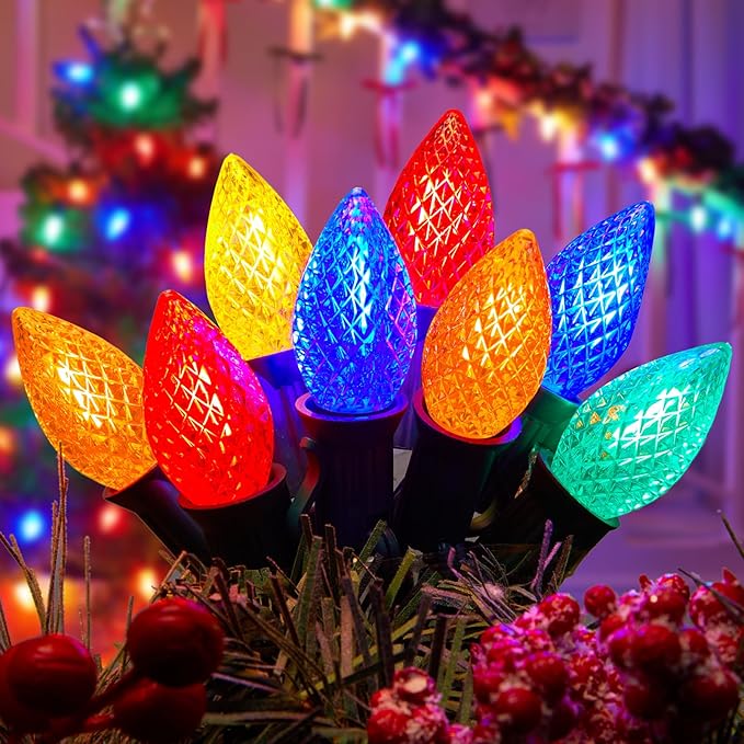 50 Pack C7 Led Replacement Christmas Light Bulb, C7 Shatterproof Led Bulbs for Christmas String Lights, E12 Candelabra Base, Commercial Grade Dimmable Holiday Bulbs, Multicolor