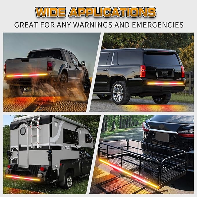 XRIDONSEN 60 inch Amber Red Truck Tailgate Strobe Lights Strip 360 LED Tail Light Bar Flashing Warning Hazard Safety Rear Emergency Lights for Tow Plow Trucks Construction Vehicles Pickup Trailer