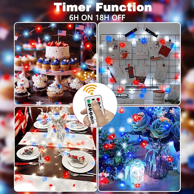 4th of July Decoration Lights, 3 Pack Red White and Blue Fairy Lights Battery Operated with Timer & Remote, Waterproof Patriotic Light Indoor Outdoor 8 Modes for Independence Day Memorial Day Decor