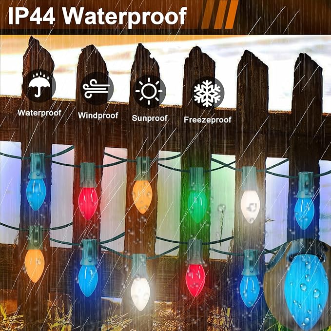 50FT C7 Christmas Lights Outdoor, Multicolor Vintage Christmas Lights String with 50+5 Ceramic Bulbs,Hanging Christmas Light Green Wire for Holiday Party Wedding Christmas Decorations