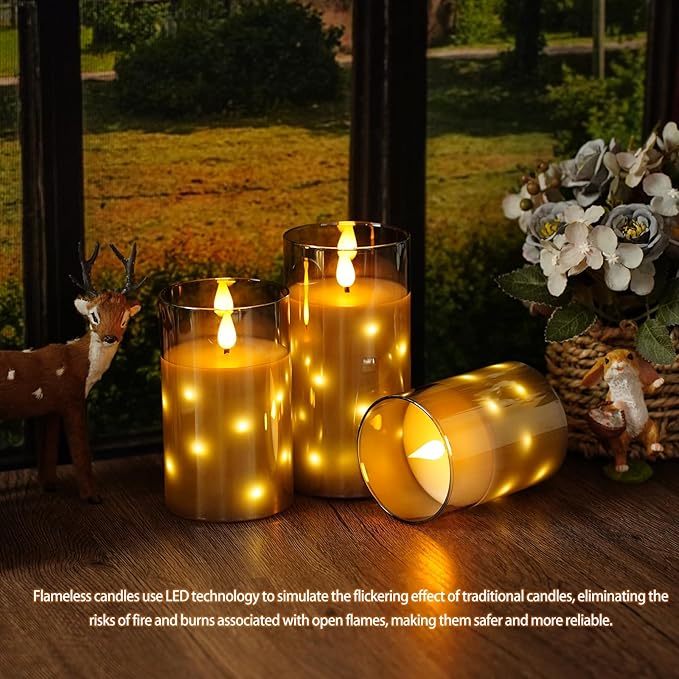 Real Wax Flameless Candles Glass,Battery Operated LED Candles with Flickering Flame,Glass Shell,Interior Star Light Decoration Set of 3 Grey (D 3"×H 4" 5" 6") for Home Decor,Holiday Decoration