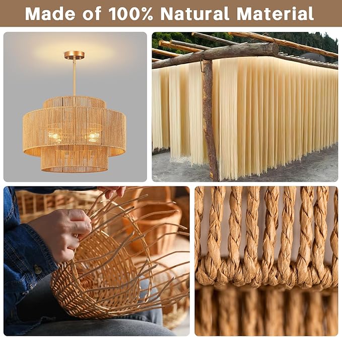 24'' Boho Rattan Chandelier, 4-Light Hand-Woven Wicker Pendant Lamp, Rustic Modern Ceiling Light Fixture for Dining Room, Kitchen Island, Living Room, Bedroom, Foyer, Entryway, Over Table
