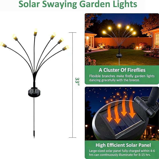 Solar Garden Lights, 2 Pack Solar Lights for Outside, Solar Lights Outdoor Waterproof, Solar Swaying Lights in Wind, Firefly Lights for Garden, Landscape, Pathway, Yard, Patio, Outdoor Decorations