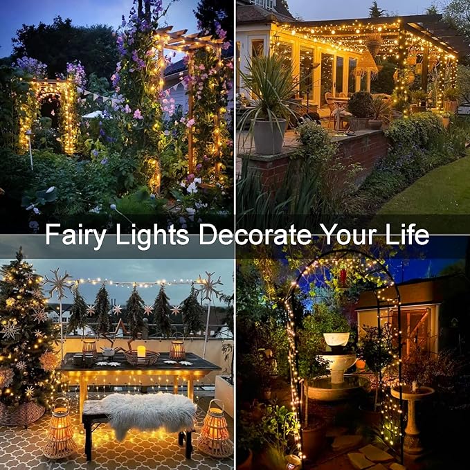 YEGUO 4 Pack Warm White Solar Fairy Lights, Each 33ft 100 LED Valentines Lights Outdoor Waterproof, 8 Modes Sliver Wire Solar String Lights