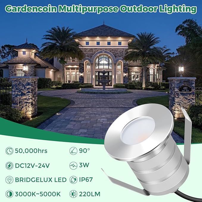 Gardencoin Outdoor Recessed LED Lights, Heavy Duty Soffit and Deck Lighting Flush Mount, 12-24V Low Voltage Landscape In Ground Well Light, Underwater Pond Light, Dimmable Widely Used, 6pack
