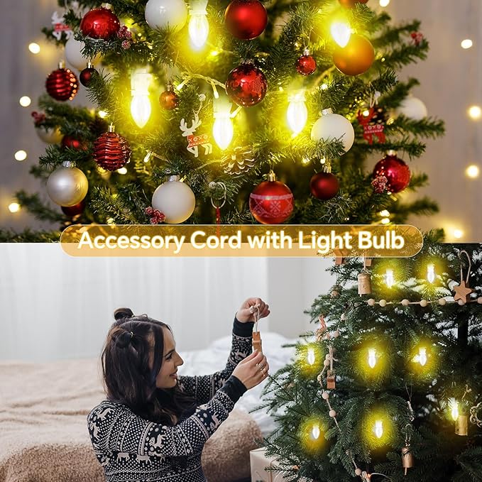 Leelosp 2 Pack Accessory Cord with 15 C7 LED Light Bulb, Christmas Village Houses Light Cord E12 Socket Blow Mold Warm White Bulb with Switch for Christmas Village Trees Crafts Holiday (28 ft)