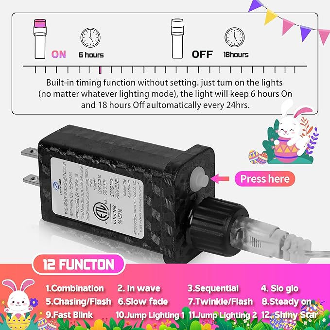 100 LED Easter Mini Lights - 33Ft Pastel Colored Connect String Light Plug in with 8 Modes, Timer, Waterproof- Fairy Christmas Lighting for Outdoor Tree Bedroom House Party Decorations - White Wire