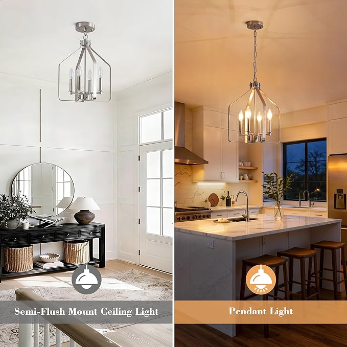 4-Light Brushed Nickel Chandelier, Geometric Farmhouse Cage Pendant Light, Adjustable Industrial Rustic Fixture for Dining Room, Kitchen Island, Entryway & Bedroom