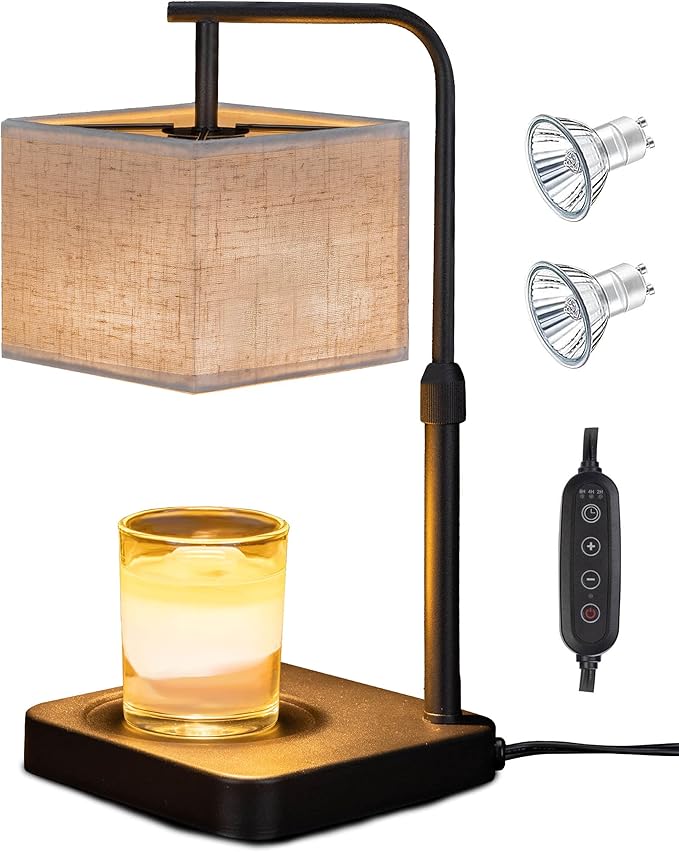 Candle Warmer Lamp with Timer & Dimmable, Height Adjustable Wax Warmer with Linen Shade & 2 Extra Bulbs, Flameless Candle Melter for Jar Candles, Gifts & Bedroom Decor