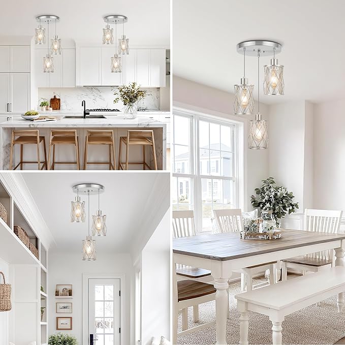 Refice 3-Light Pendant Lights Kitchen Island, Brushed Nickel Kitchen Cluster Hanging Pendant Lights with Clear Glass, Modern Cage Chandelier Light Fixture for Sink Dining Room Bedroom Bar