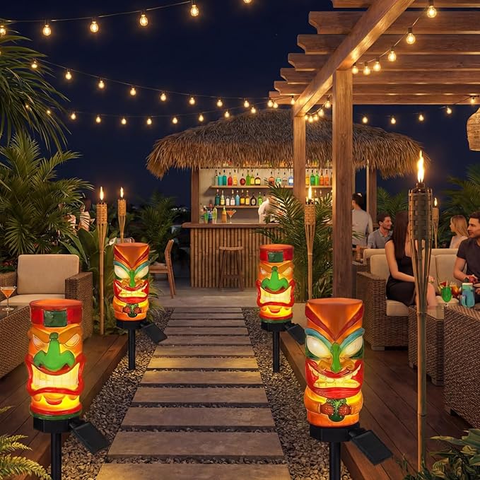 2 Pack Tiki Solar Lights 17 Inch Waterproof Outdoor Garden Decor Automatically Lighting Solar Statues for Yard Patio Balcony Lawn Tiki Bar Hawalian Luau Party