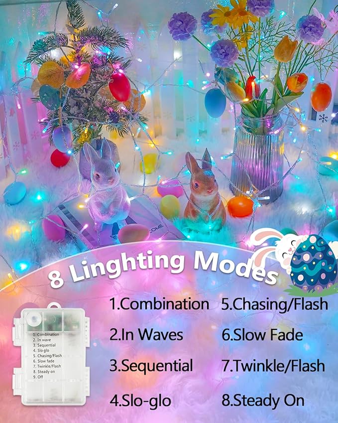 Easter Lights Battery Operated Twinkle Lights, 2 Pack 33FT 100LED Multicolor easter String Lights, 8 Modes Waterproof Pastel Light Indoor Outdoor, Fairy Lights for Room Garden Party Easter Decorations