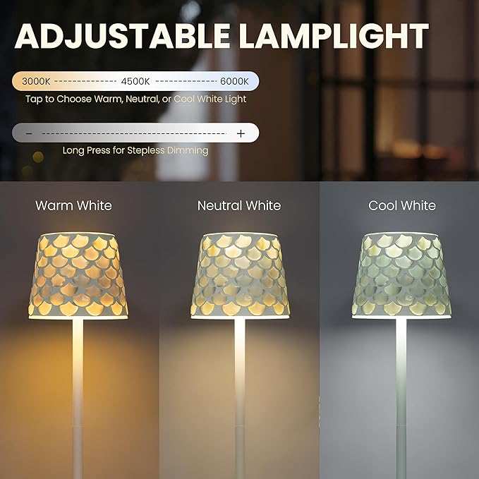 AELS Mosaic Touch Cordless Lamp, 5200mAh Rechargeable Portable LED Desk Lamp, 3 Color Stepless Dimming Battery Powered Lamp, Wireless Table Light for Wedding Dinner Patio Garden Cafe Bedroom, White