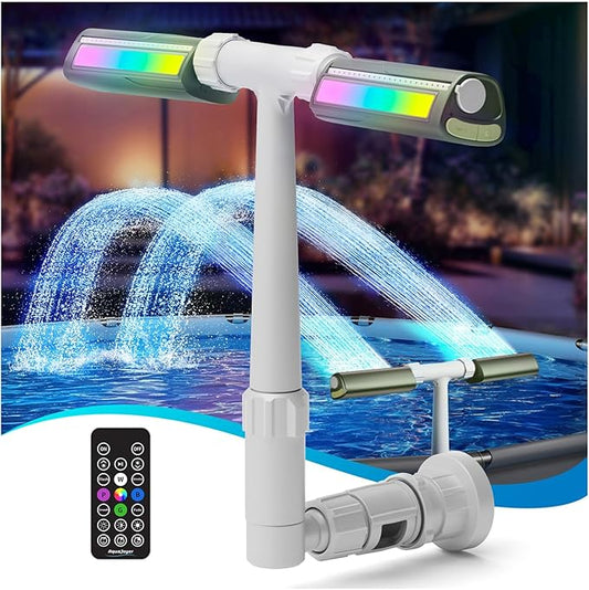 Pool Fountain with 8-Color 4-Mode LED Lights, Above/Inground Pool Fountain Lights with Remote, 360°Adjustable Pool Sprinkler for Relaxation & Cooling 10-20°F