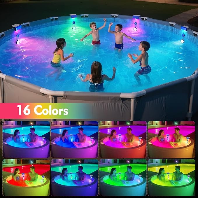 2-in-1 Solar Pool Lights,16 Colors Solar Powered Submersible LED Lights with Remote Control&IP68 Waterproof,Swimming Pool Lights for Above Ground Pools,Inground Pools Underwater,Pond(1 Pack)
