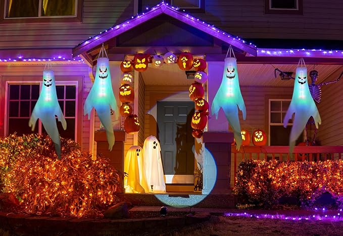 Halloween Ghost Decorations Outdoor: 2 Pcs Spooky Hanging Ghosts for Tree, Porch, Garden, Yard - Waterproof Colorful Halloween Decor With Timer