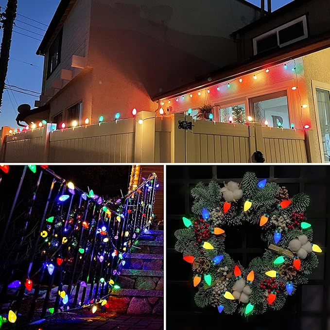 100 LED C7 Multicolor Christmas Lights Battery Operated with 8 Mode Remote Control, 2 Sets 27.5FT Colorful Christmas Tree Lights with 2 * 50pcs Twinkle C7 Light Bulbs for Home Porch Yard Decorations