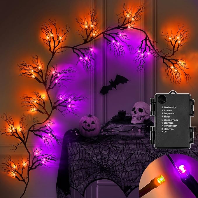 [ 8 Modes & Timer ] 6 Ft 45 LED Halloween Willow Vine Twig Garland Decorations Orange & Purple Lights, Battery Operated Waterproof Halloween Decorations for Home Wall Fireplace Mantle Decor