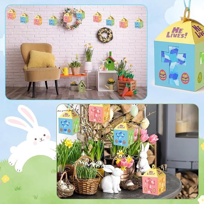 Simgoing 12 Sets Easter Crafts with LED Candles Lights Religious Easter He Lives Cross Tissue Paper Crafts Kits DIY Religious Hanging Ornaments for DIY Home Activities