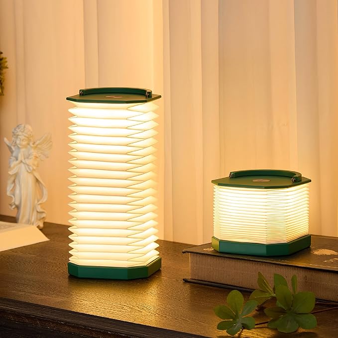 Paper Lamp House Warming Gifts, Portable Cordless Foldable Small Bedside Lamp, Retro Green Accordion Desk Lamp, Paper Lantern Lights 1200mAh, Japanese Gifts Collapsible Pleated Wireless lamp