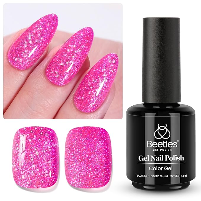 Beetles Glitter Gel Nail Polish - 15ML Hot Pink Reflective Diamond Color Soak Off Sparkle Gel UV Nail Lamp Nail Art Manicure Salon DIY at Home Gifts for Women
