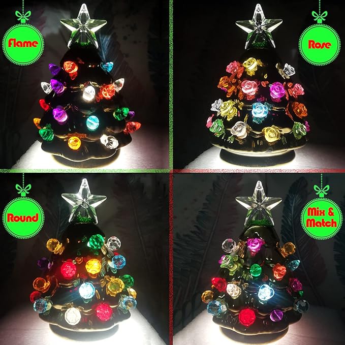 214Pcs Ceramic Christmas Trees Small Replacement Lights Bulbs/Tree Pegs for Decoration Night Lights Including Flame/Round Ball/Rose & 4PCS Modern Star (Pentagram and Heptagram)