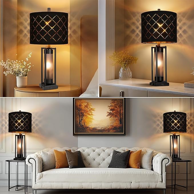 Modern Table Lamp Set of 2, Nightstand Lamps with Black Grid Shade, Bedside Lamps with USB A+C Charging Ports, Decorative Table Lamp, Square Base, Desk Lamps for Living Room, Bedroom, 2 Bulbs Included