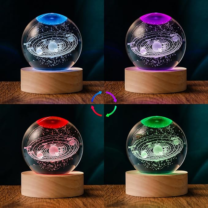3D Solar System 60mm Crystal Ball Astronomy Universe Gifts 3D Solar System Planets Model Science Space Themed Physics Gifts Night Light lamp for Kids Men Him Science Teacher