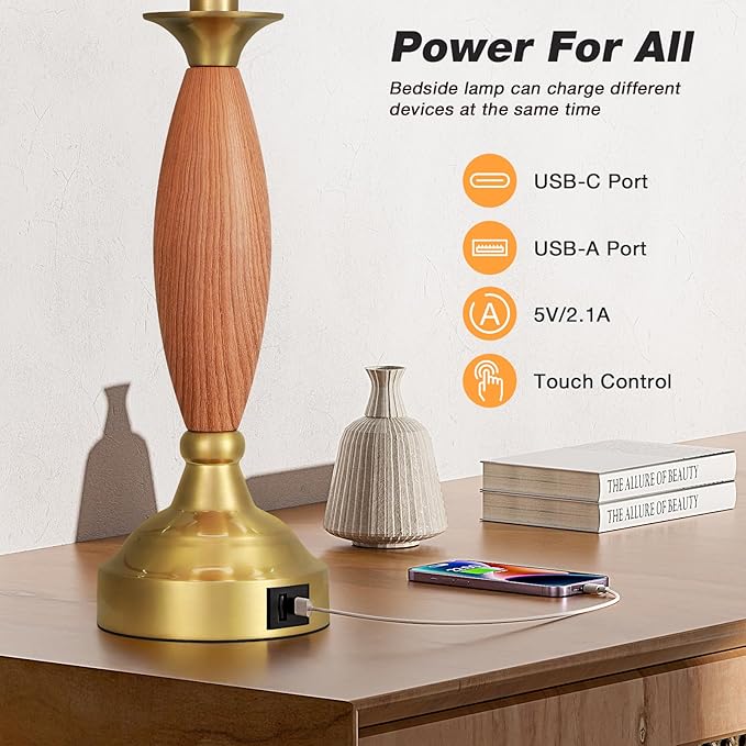 Seealle Touch Bedside Lamps for Nightstand - Bedroom Lamps Set of 2 with USB C+A, 3 Way Dimmable Table Lamps for Living Room (Wood Body and Gold Base)