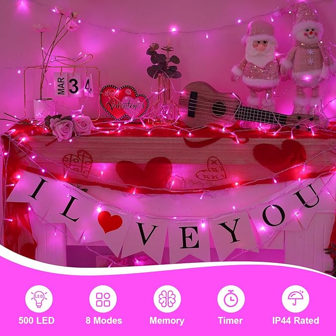 QITONG Pink Valentine Lights Outdoor, 165ft 500 LED String Lights Plug in, Clear Wire Twinkle Christmas Lights Indoor with 8 Modes