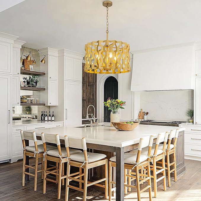 Wellmet Modern Chandelier Light,Gold Ceiling Light Fixture for Dining Room,4 Light Drum Farmhouse Geometric Pendant Light,Round Large Chandelier for Bedroom,Living Room,Cabin,Foyer,Kitchen Island 20"D