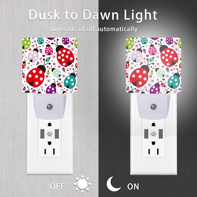 Ladybug Night Light,Cartoon Cute Ladybugs Plug in Night Lights Auto LED Lamp Energy Saving Square Lights for Boys Girls Men Women Gifts