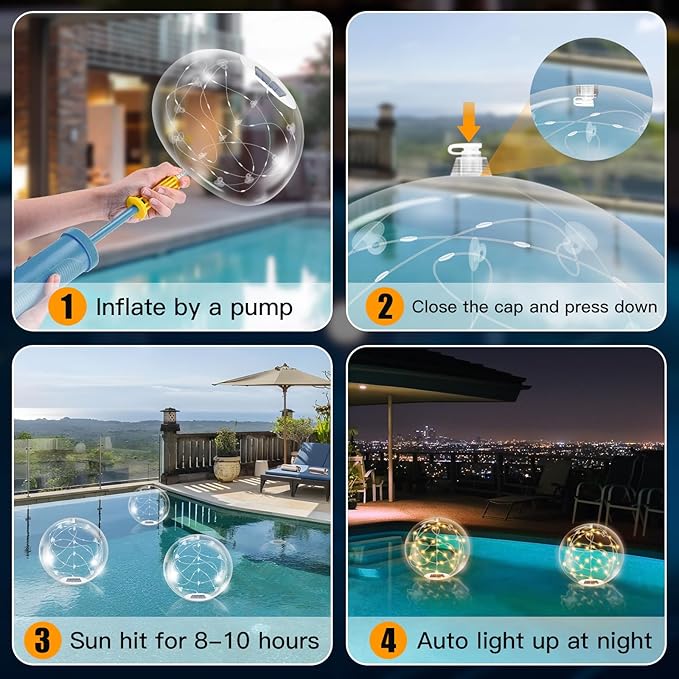 Floating Pool Lights Solar Powered,14 Inch 3000K Warm White Inflatable Glow in The Dark Balls,IP68 Waterproof Led Light up for Inground Pool,Christmas Decorations Outdoor Ornaments
