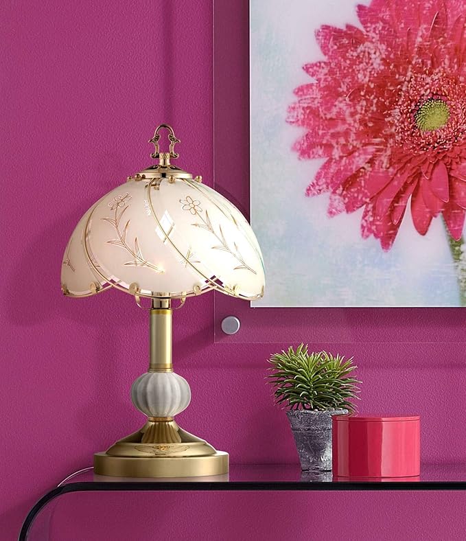 Regency Hill Traditional Accent Table Lamp 15" High Polished Brass Gold Floral Etched Art Glass Shade Touch On Off Cottage Core Decor for Bedroom House Bedside Nightstand Home Office