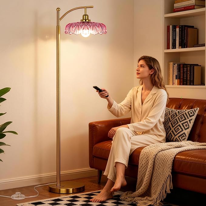 Gold Floor Lamp for Living Room, Dimmable Mid Century Modern Standing Lamp with Remote Control and Pink Glass Shade, 68" Tall Lamp for Bedroom, Vintage Retro Antique Glass Flower Lamp, Brushed Gold
