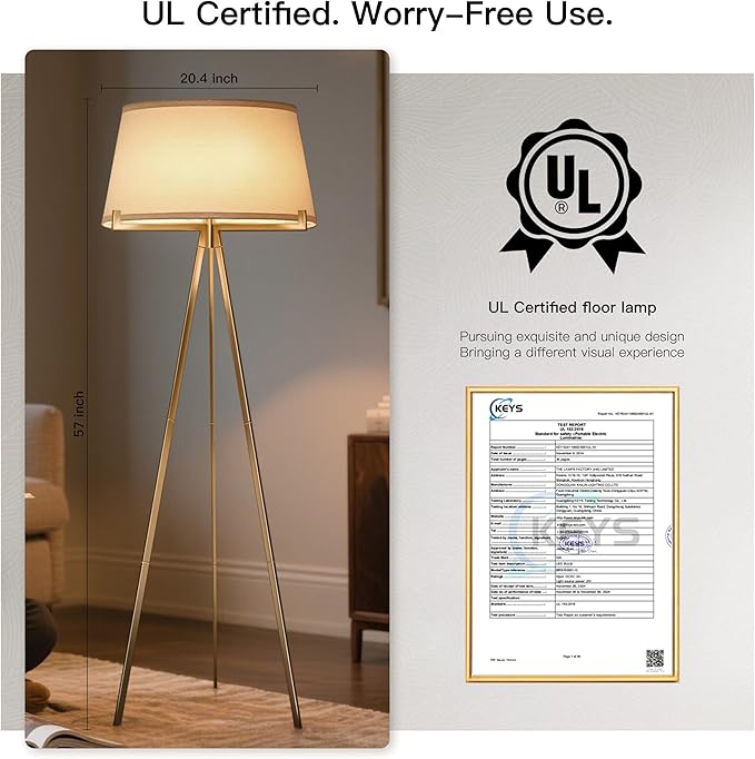 Tripod Floor Lamp with Linen Drum Shade, Tripod Lamps for Living Room，Mid Century Modern Floor Lamp，Modern Polished Brass Finish Reading Standing Lamp for Living Room, Bedroom, Office