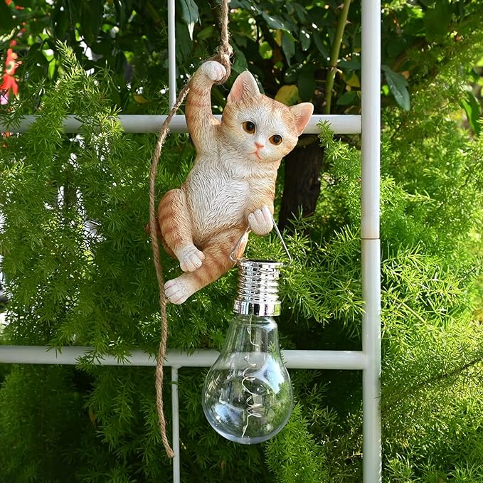 Tree Solar Light Outdoor Garden Decor Hanging Cat Figurines Animals Porch Yard Outside Decoration Kitten Statues Decorative Wall Window Fence Lighting Bulb LED