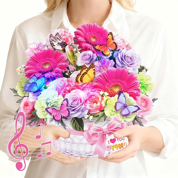 Mothers Day Card with Music & Lights, 3D Pop Up Mother's Day Cards, Gerbera Daisy & Butterfly, 10 Inch Forever Flower Bouquet Birthday Gift for Wife, Women, Mom
